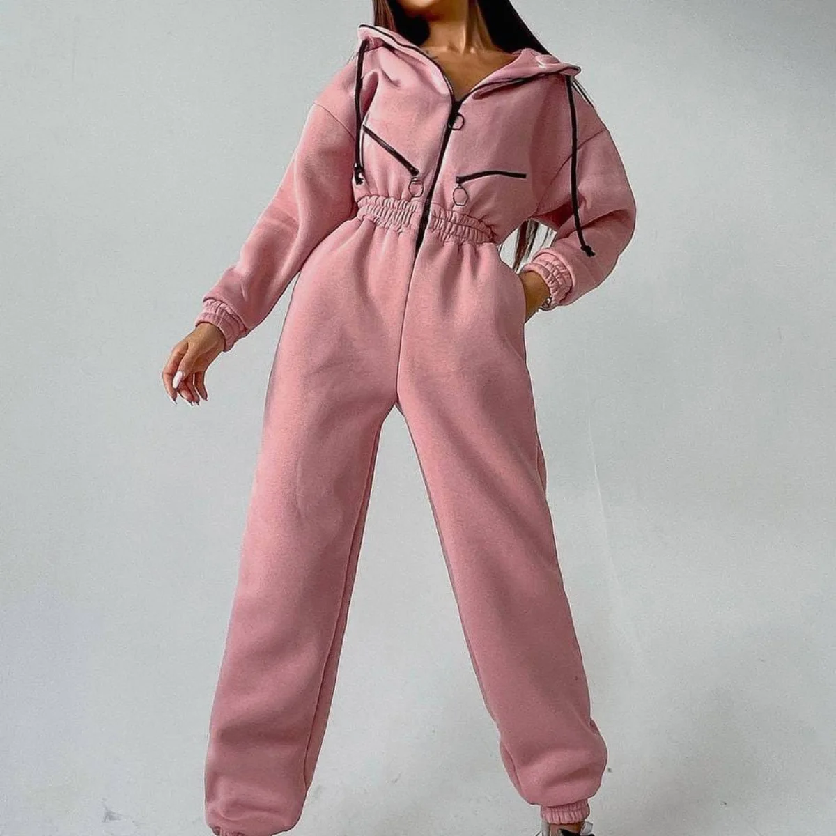 

Women Sportwear Overalls Hoodies Jumpsuit Casual Suits Autumn Winter One Piece Solid Color Hooded Zipper Rompers Tracksuits