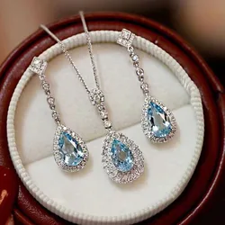Luxury Elegant Blue Droplet Cubic Zirconia Pendant Earrings/Pendant Necklace Women's Engagement Jewelry Set Aesthetics Gift