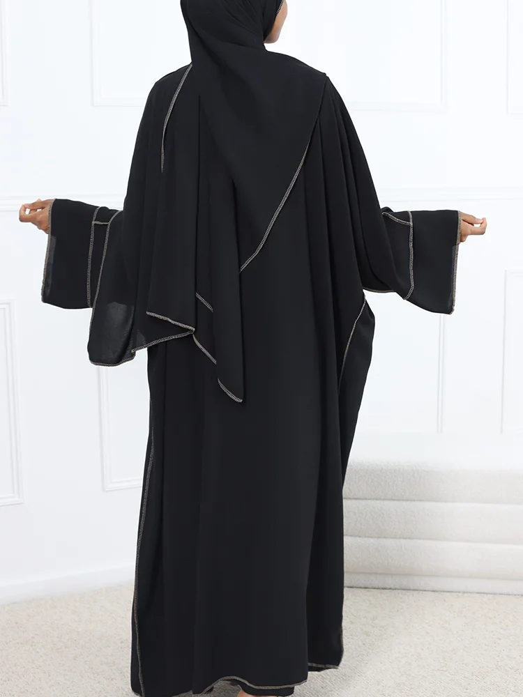 Women Abaya Cardigan Abayas Double Layers Kaftan Islamic Muslim Dubai 2024 Overlock Stitching Turkey Open Abaya Set 3 Piece