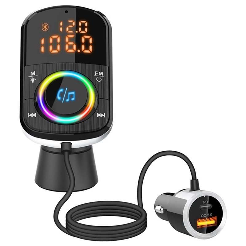 BC71 Car Bluetooth 5.0 FM Transmitter QC3.0 Fast Charge PD Car Charger MP3 Player Adapter With Ambient Light 12V-24V