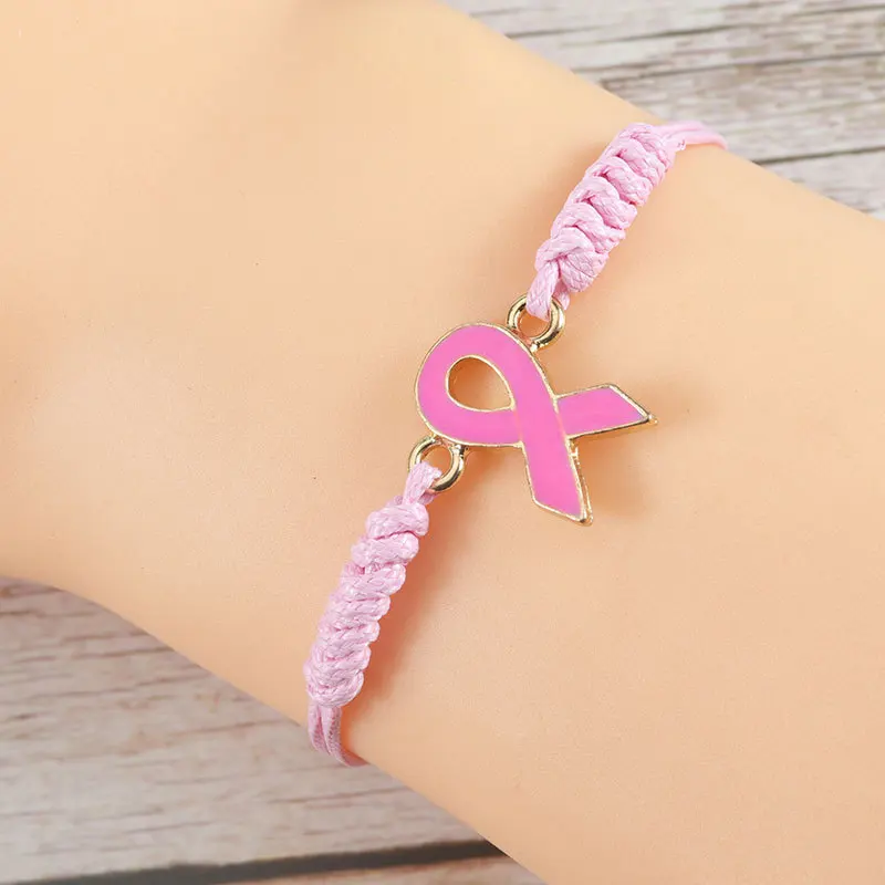 Adjustable Size Breast Cancer Awareness Bracelet Handmade Braided Pink Ribbon Bracelet