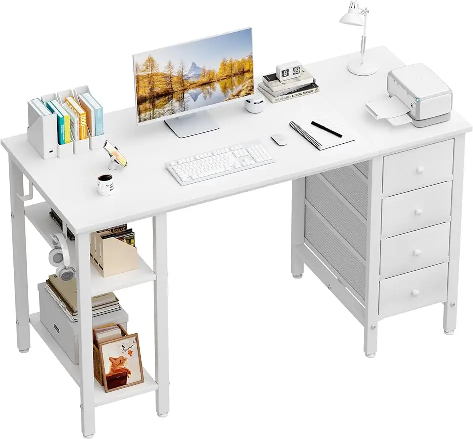 

Lufeiya White Computer Desk with Drawers & Storage Shelves, 47 Inch Study Work Writing Desk for Home Office Bedroom, Simple Mode