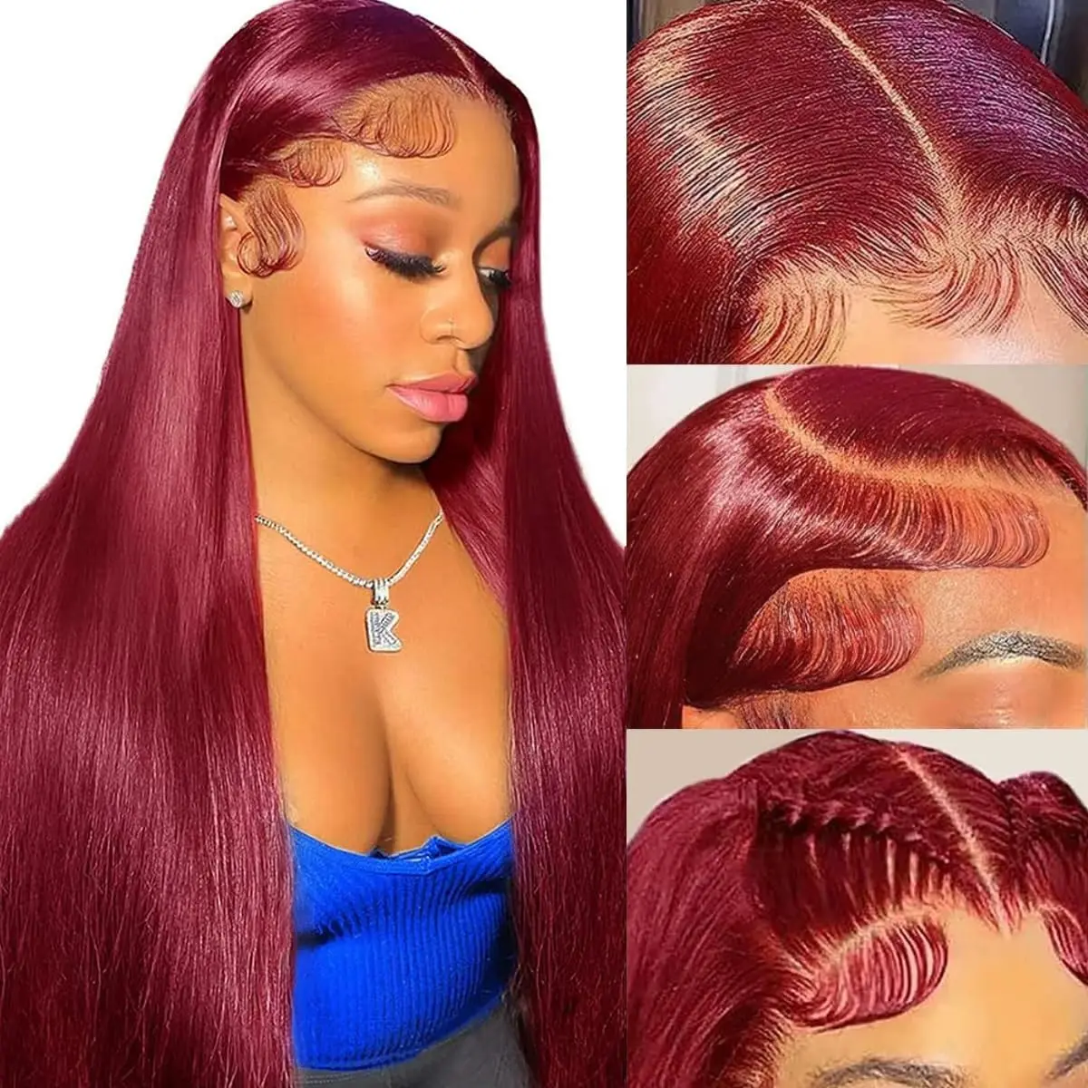 99J Burgundy Lace Front Wigs Human Hair Wine Red Colored Straight13x4,13x6Lace Human Hair Pre Plucked with Baby Hair 180%Density