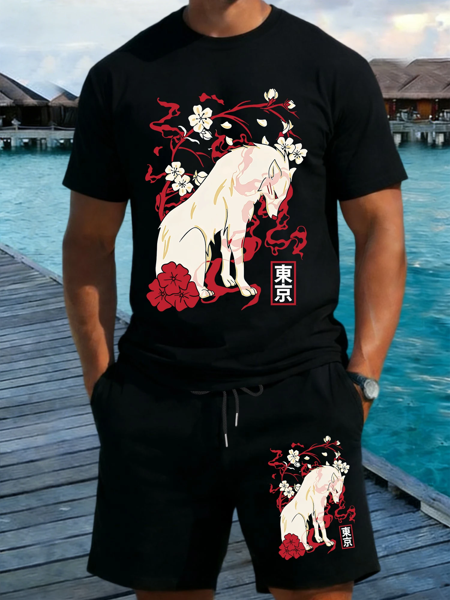 

Мужской комплект: футболка с принтом «Токийская загадочная белая лиса» и шорты на шнурке с карманами, летний свободный уличный стиль, хлопковая футболка с круглым вырезом