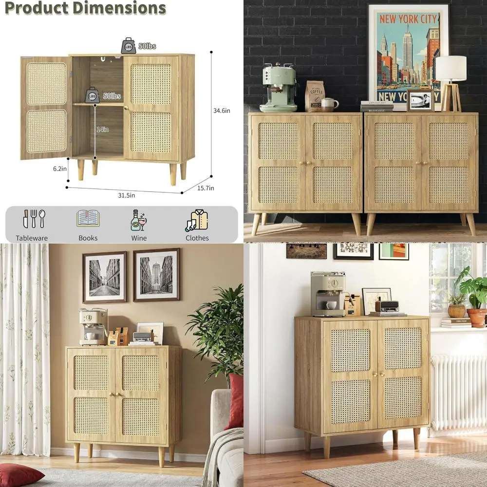 

Буфет в стиле бохо из ротанга с 2 дверцами, регулируемыми полками, ножками из массива дерева, 31,5x15,8x34,6 дюйма