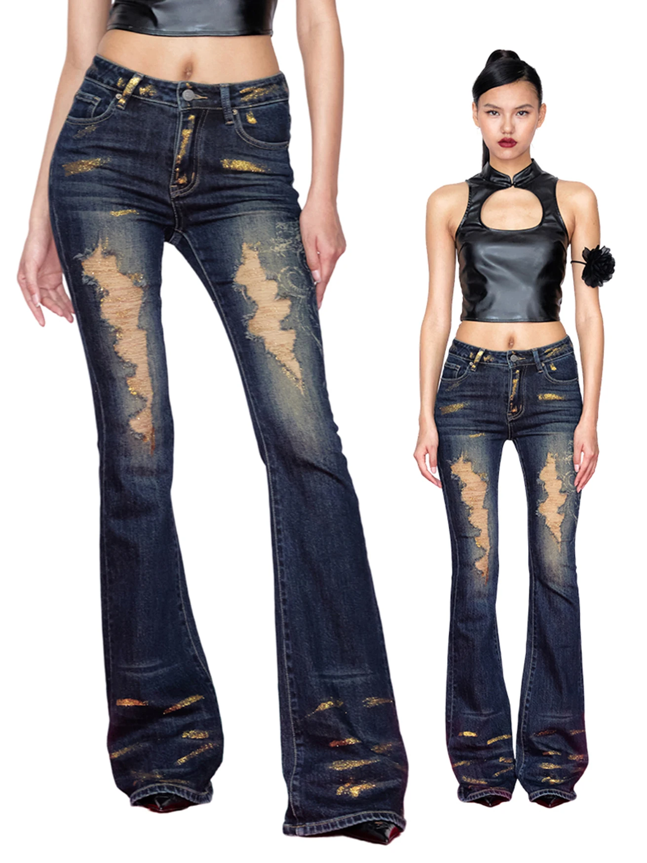 Dragon Totem Vintage Distressed Heavy Industry Flared Jeans Street Trend Fashion Sexy Tight Women's Trousers Ripped Jeans