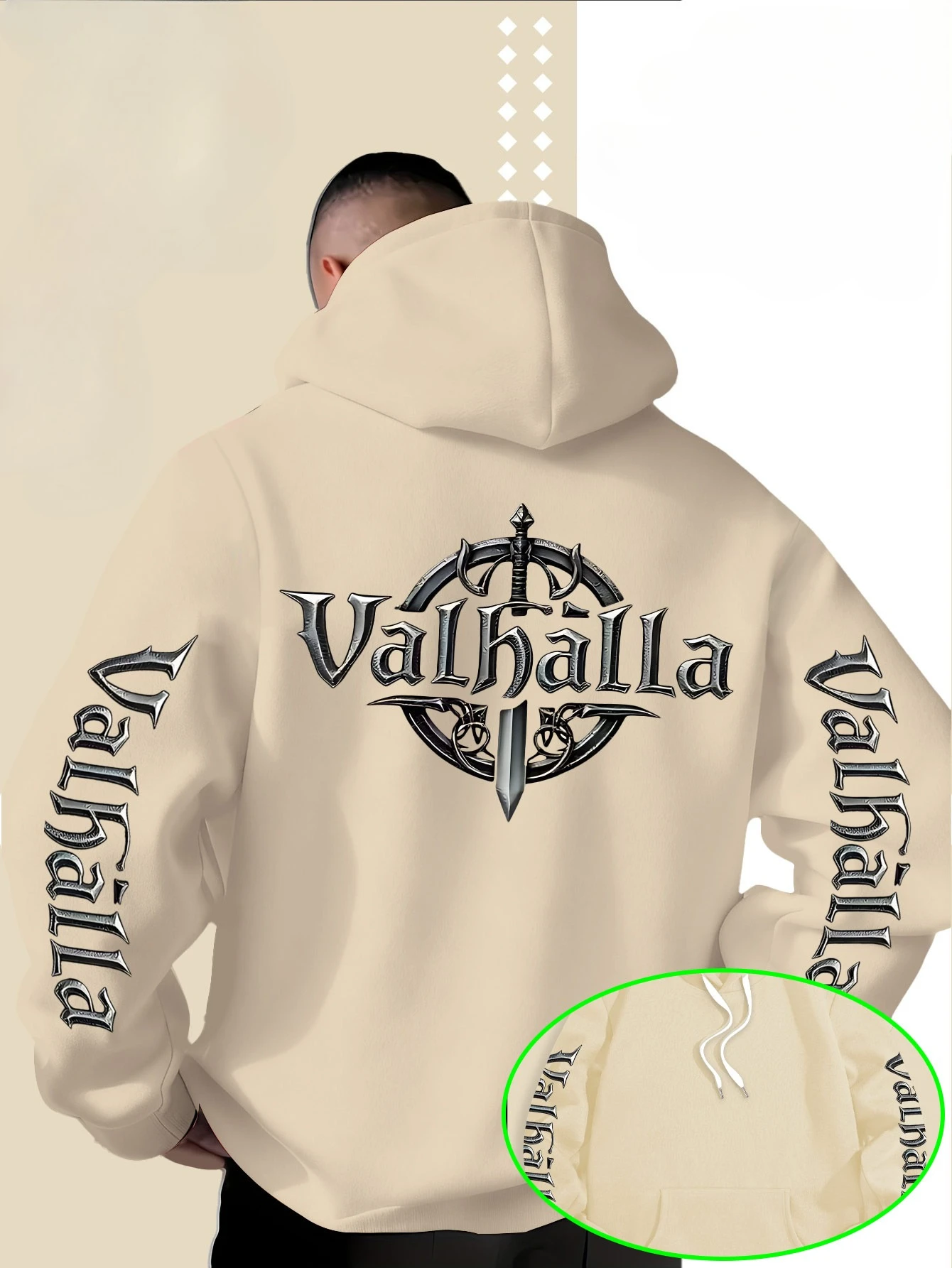 Street Style Loose Viking Valhalla Sword-Shaped Logo Printed Hooded Sweatshirt for Men, Suitable for Autumn and Winter.