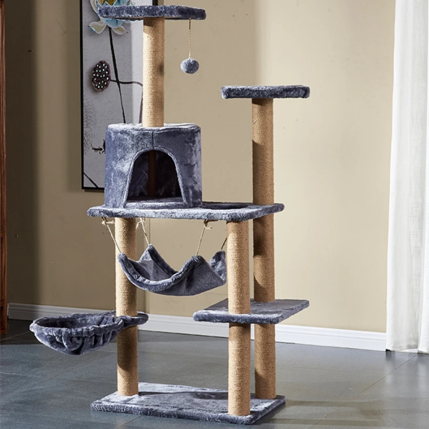 Wooden Cat Climbing Tower, Multilevel Cat Tree House, Sisal Rope, Scratching Posts, Plush Cloth Hammock, Pet Bed, Condos