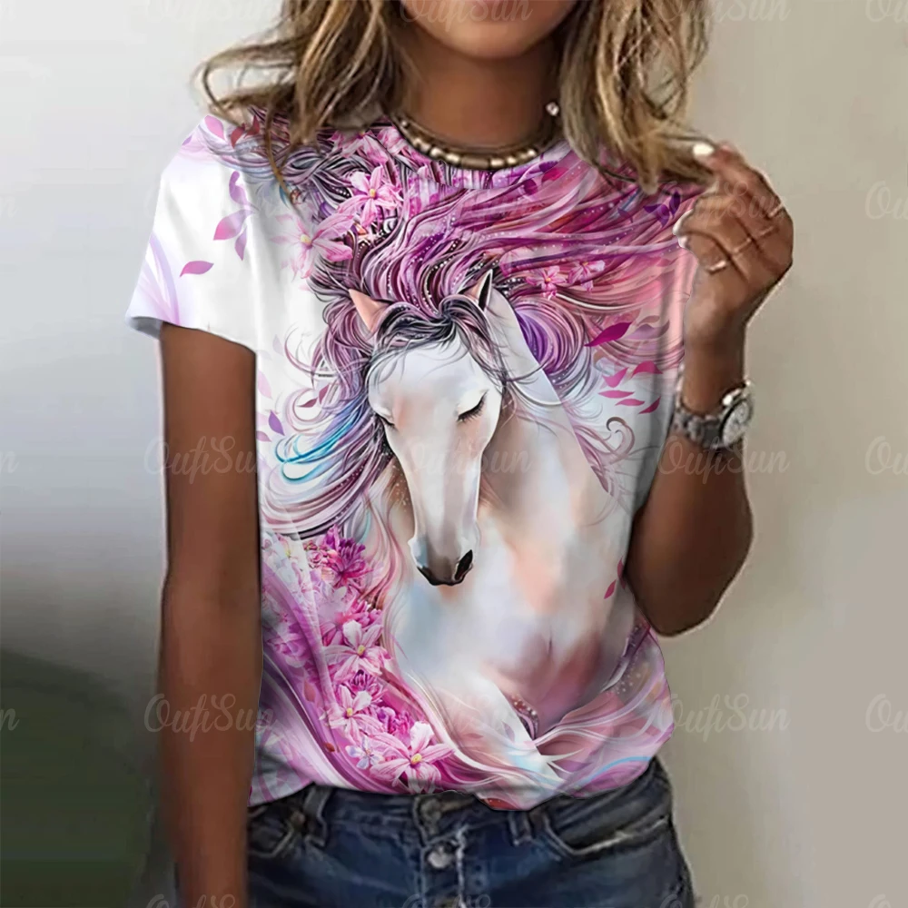 Fashion Women\'s T-Shirt Women\'s 3d Horse Print Kawaii T Shirt Female Casual Clothing Oversized Summer Vintage Aesthetics Tops