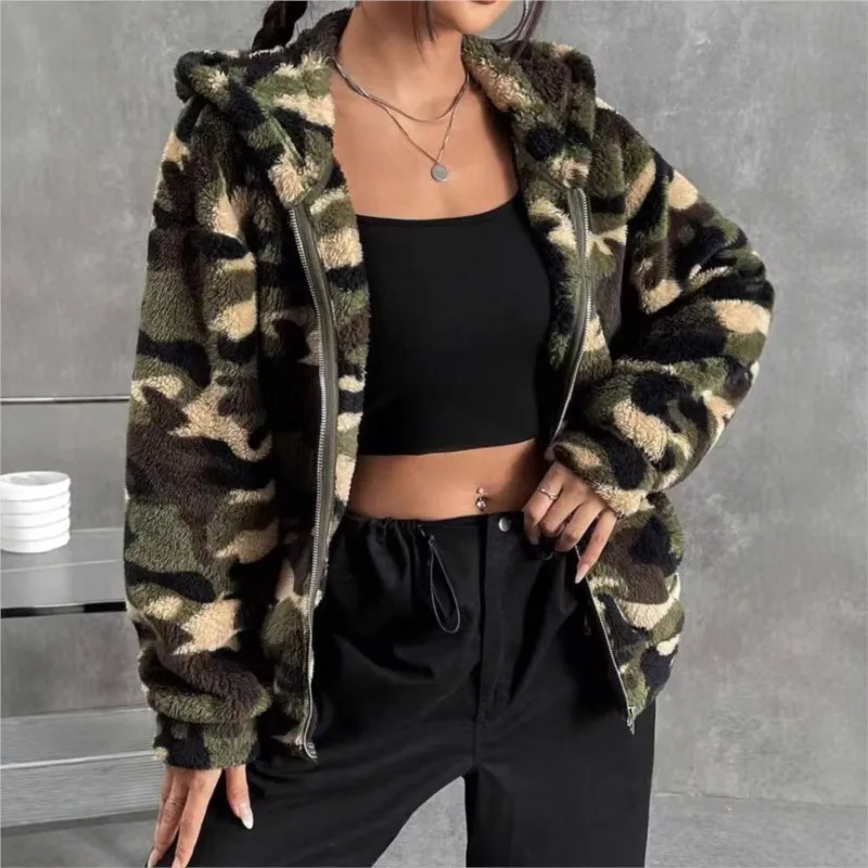 Abbigliamento Donna Autunno Inverno Bluzy Damskie Autumn Winter Double-sided Plush Zipper Hooded Cardigan Casual Women's Jacket