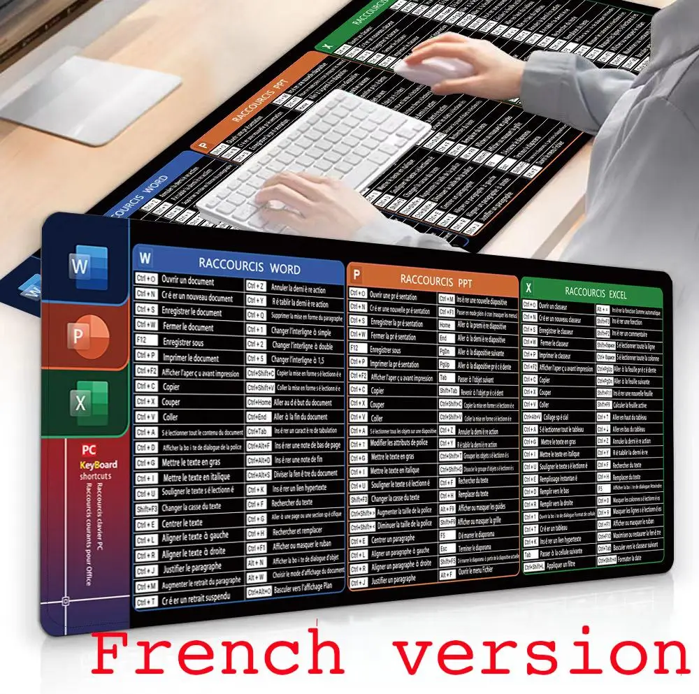 النسخة الفرنسية Excel/Word/Windows/PPT لوحة ماوس من ورقة الغش، لوحة مفاتيح الكمبيوتر لطلاب عمال المكاتب مكتب حصيرة مكتبية