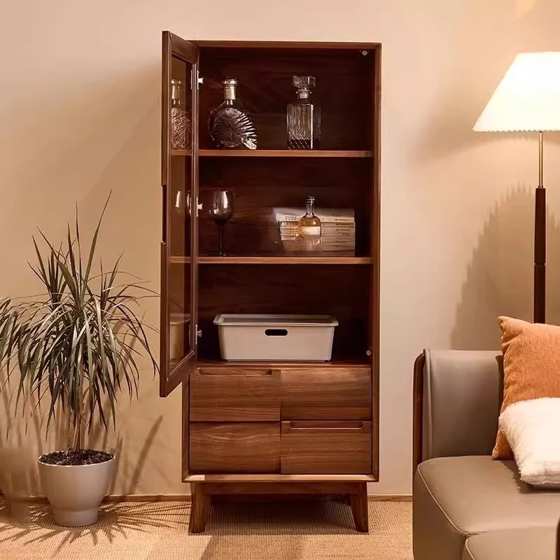 Szafka na wino z litego drewna orzecha czarnego, nowoczesna, prosta szafka ścienna, szafka do przechowywania, szafka z szklanymi drzwiami