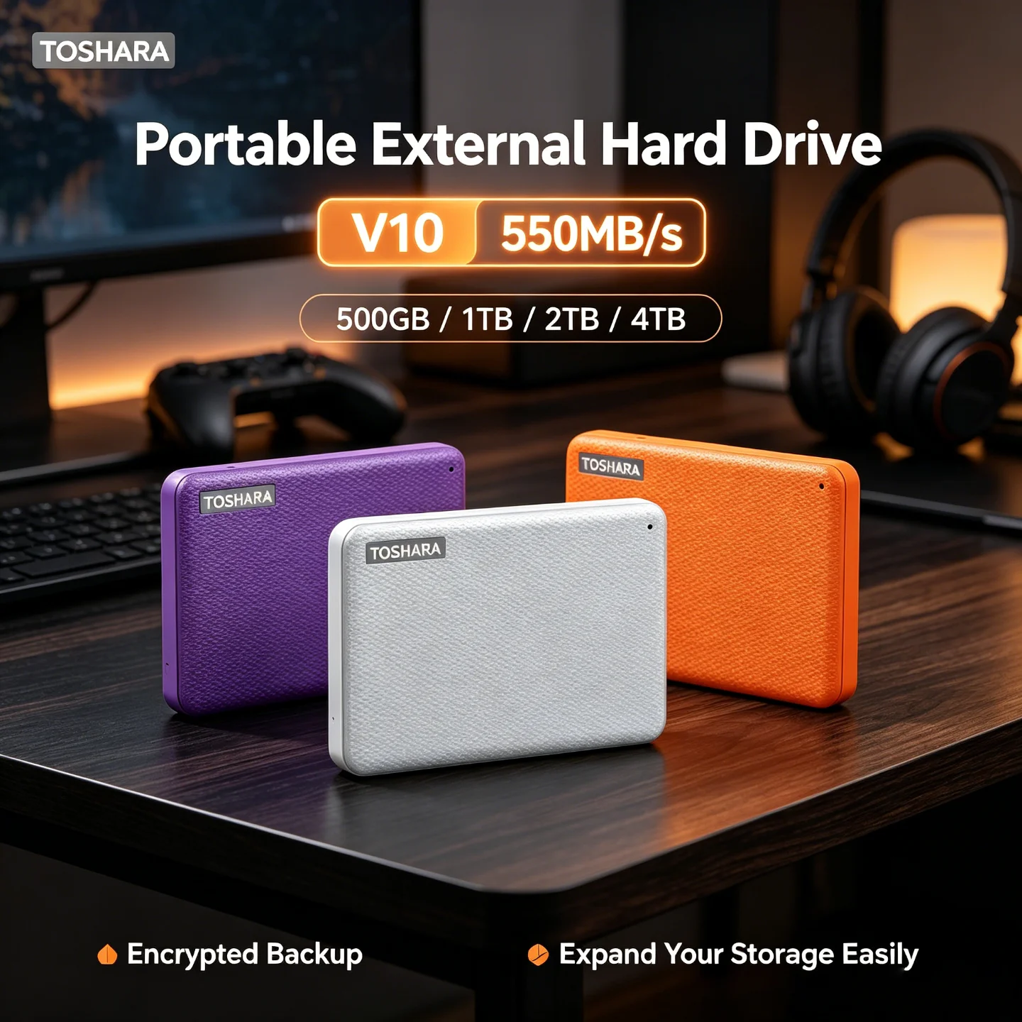 4TB 2TB 1TB 500GB TOSHARA Portable External Hard Drive 550MB/s High-Speed Encrypted Wide Compatibility Reliable Storage