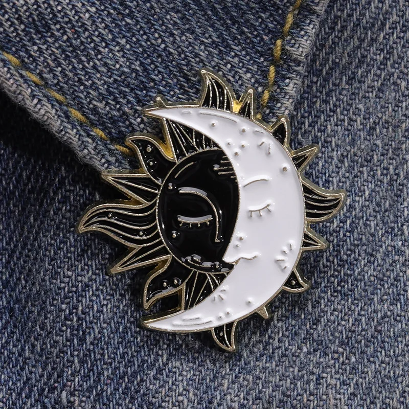 Creative Black White Sun Moon Enamel Pin Vintage Adventure Explore Brooch Denim Bag Lapel Badges Jewelry Gift For Friends