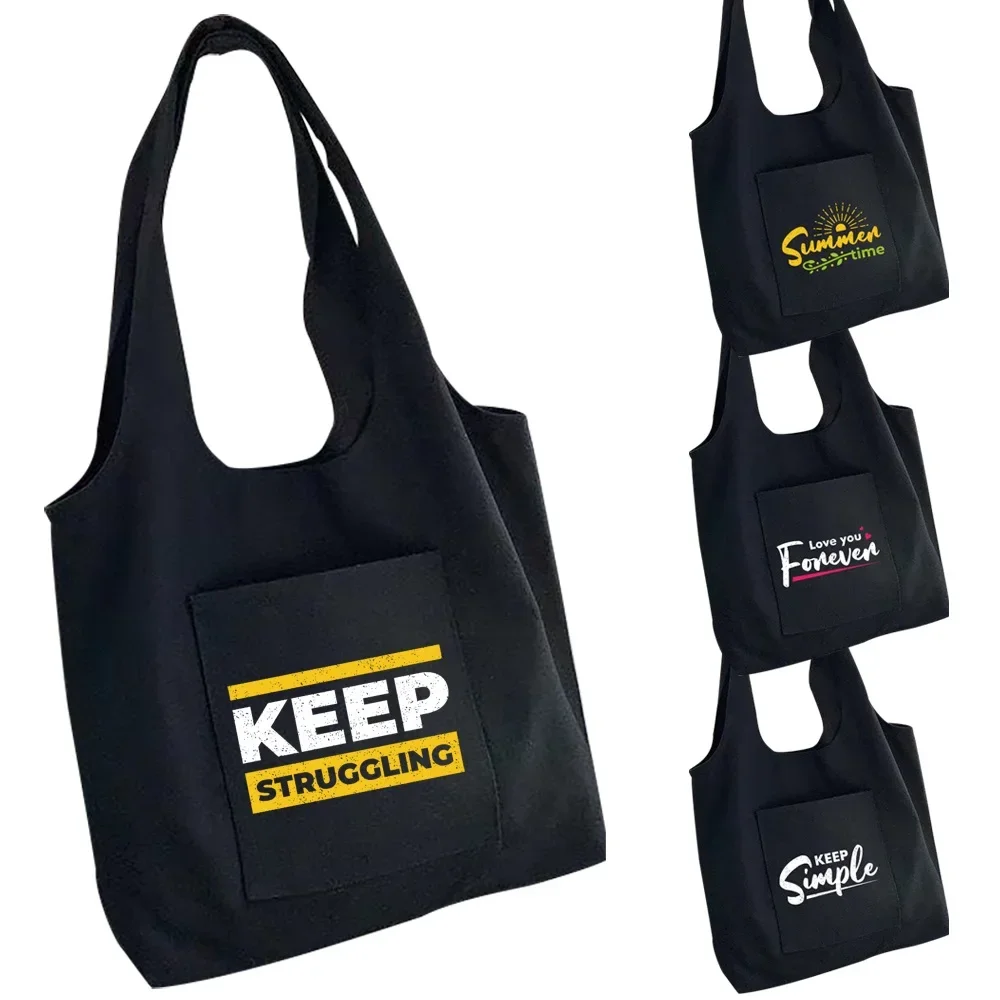 

Shopping Bag Women Canvas Bag Portable One-shoulder Shopper Bags Phrase Keep Strugglinc Printing Side Pocket Storage Tote Bag