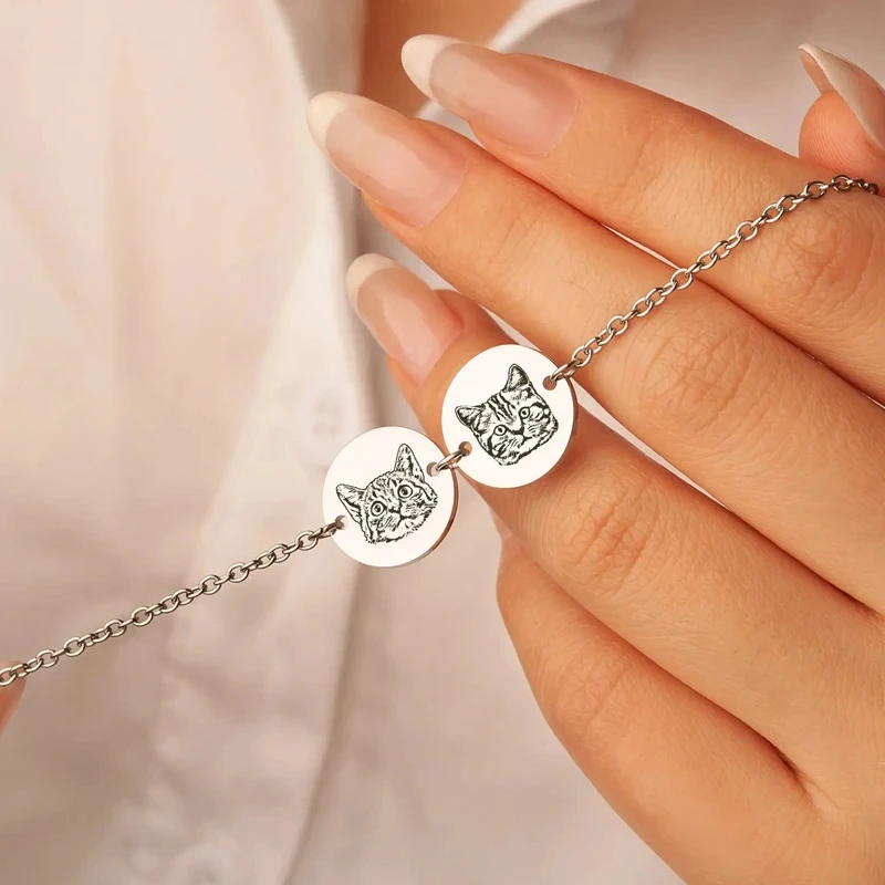 Customized Creative Engraving Pet Portrait Bracelet Men Women Stainless Steel Personalized Cat Dog Photo Pet Owner Gift Jewelry