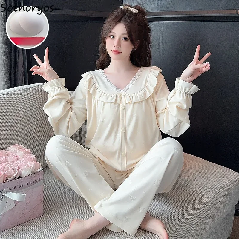 

Pajama Sets Women V-neck Trendy Ruched Designed Korean Fashion Loose Fit Sweet Cute Homewear with Chest Pads Sleepwear Autumn