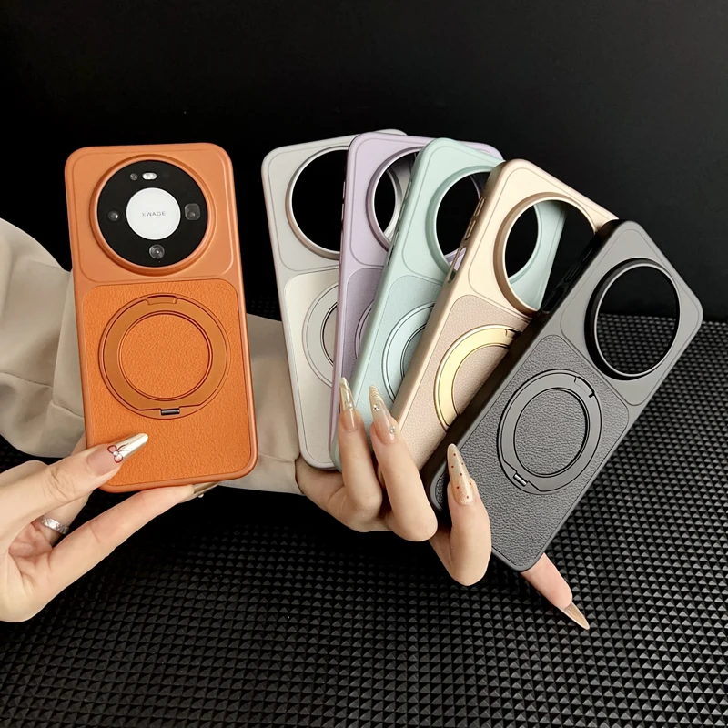 

For Huawei Mate 60 70 80 Pro Max Air Case Litchi Grain Leather Strong Suction Metal Kickstand 360° Rotatable Spray Coating Cover