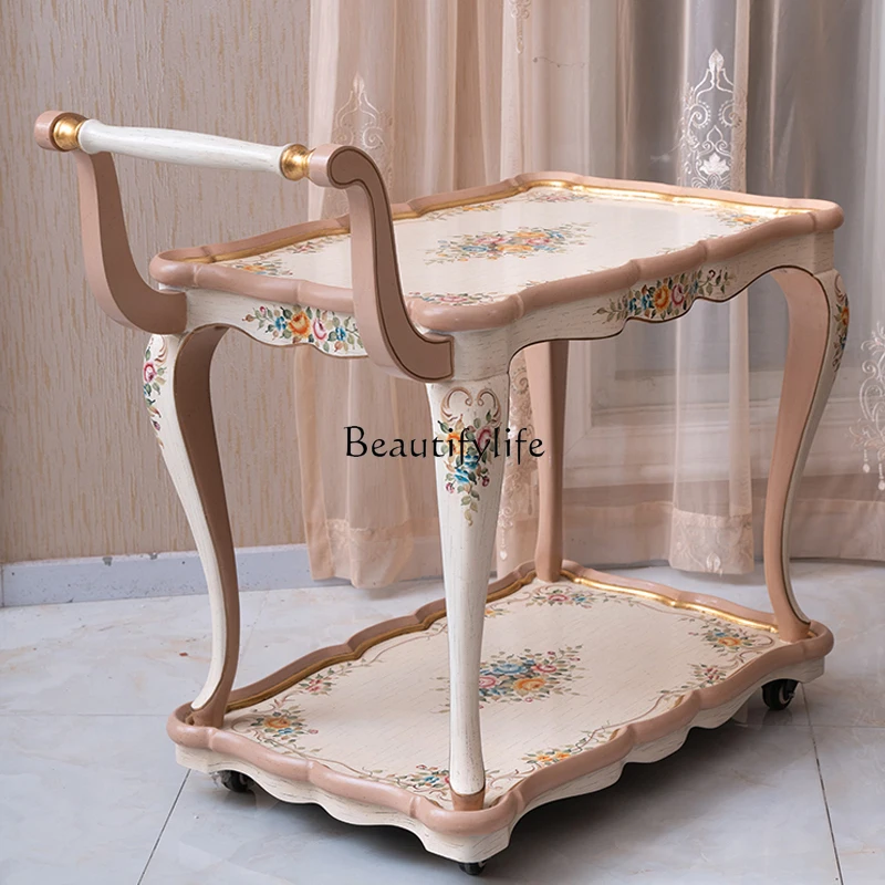 

X59Luxury villa mobile dining cart French solid wood hand-painted flower double-layer trolley