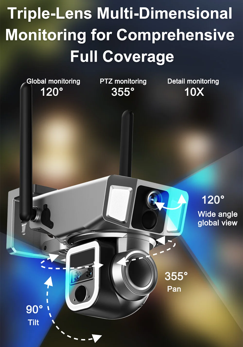 Saikiot 4G WIFI All in One Solar PTZ Camera 10X Optical Zoom 2K 4MP 3 Lens Night Vision Solar Panel Powered 4G WIFI Solar Camera