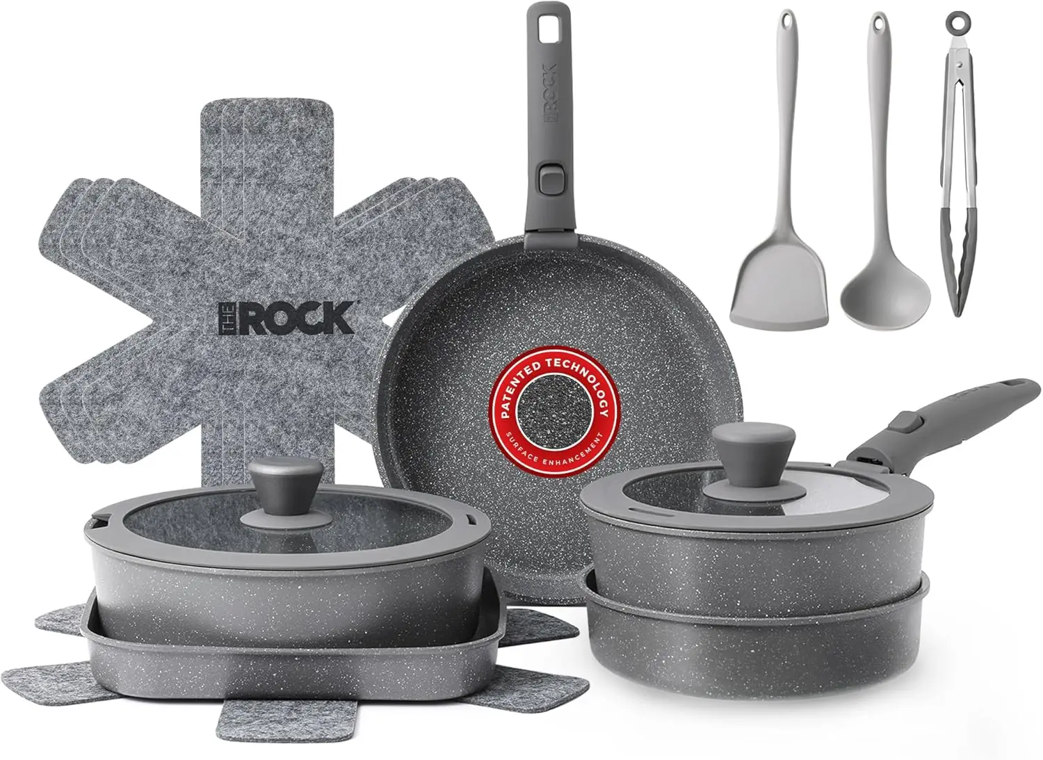 The Rock Smart Space Ceramic 16Pc Nonstick Pots And Pans Set With Rock.Tec, Cookware Set With Detachable Handles,