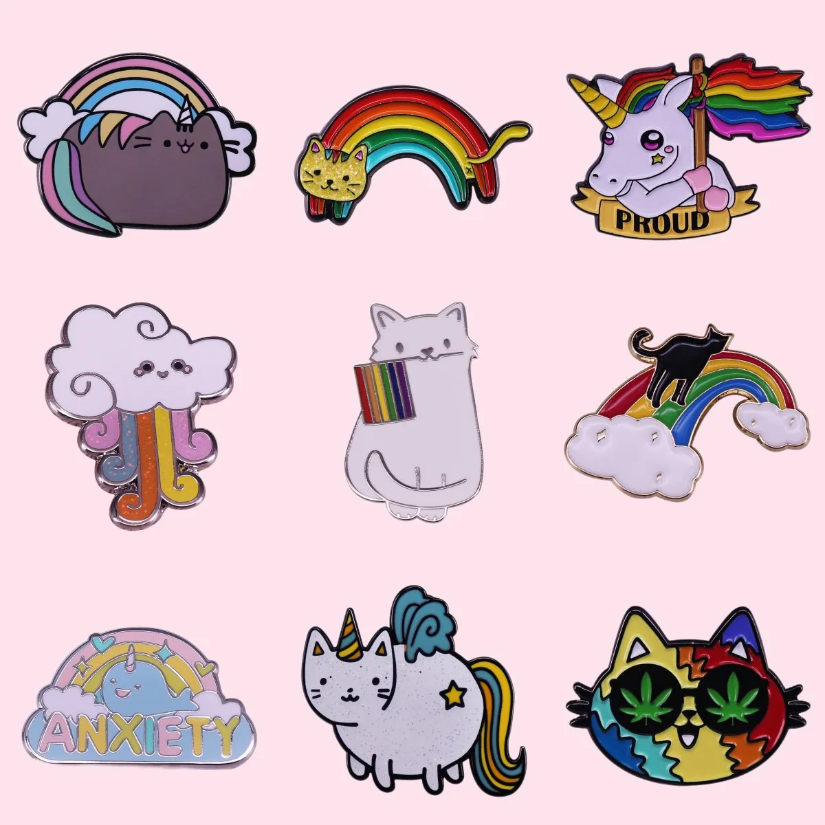 Best Quality Rainbow Unicorn Cat Cloud Brooches Chubsy the Cartoon Enamel Pins Cute Decor Shining Everywhere Gay Gift Wholesale