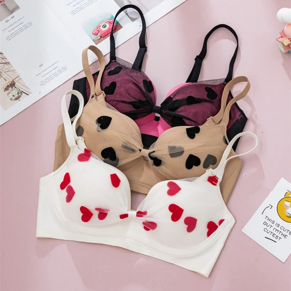 

Fashion Mesh Bow Wireless Deep V Bra Anti-sagging Heart Brassiere for Women Lingerie Gathered Breasts Push Up Underwear Daily