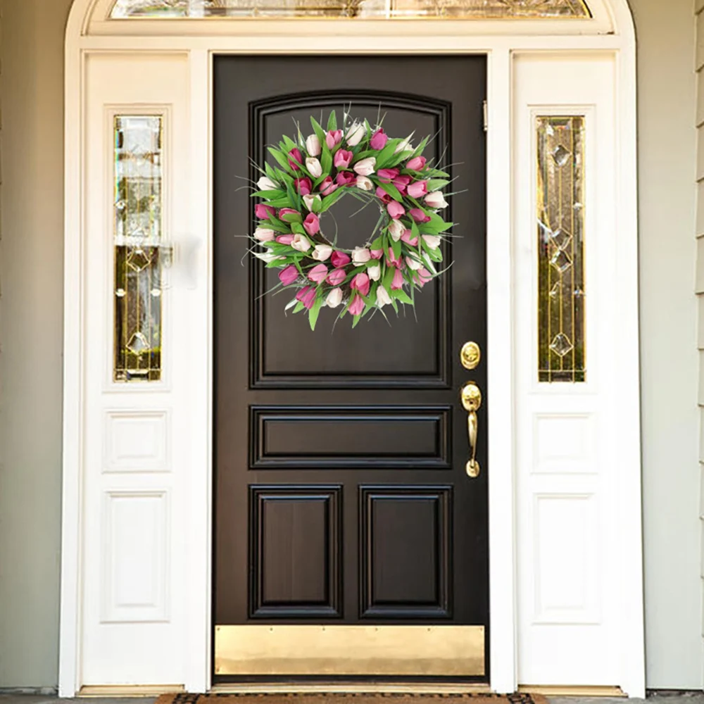 إكليل توليب اصطناعي طازج إكليل الربيع والصيف للباب الأمامي ونافذة الحائط وحفلات الزفاف والمزرعة والحديقة والمكتب والمنزل