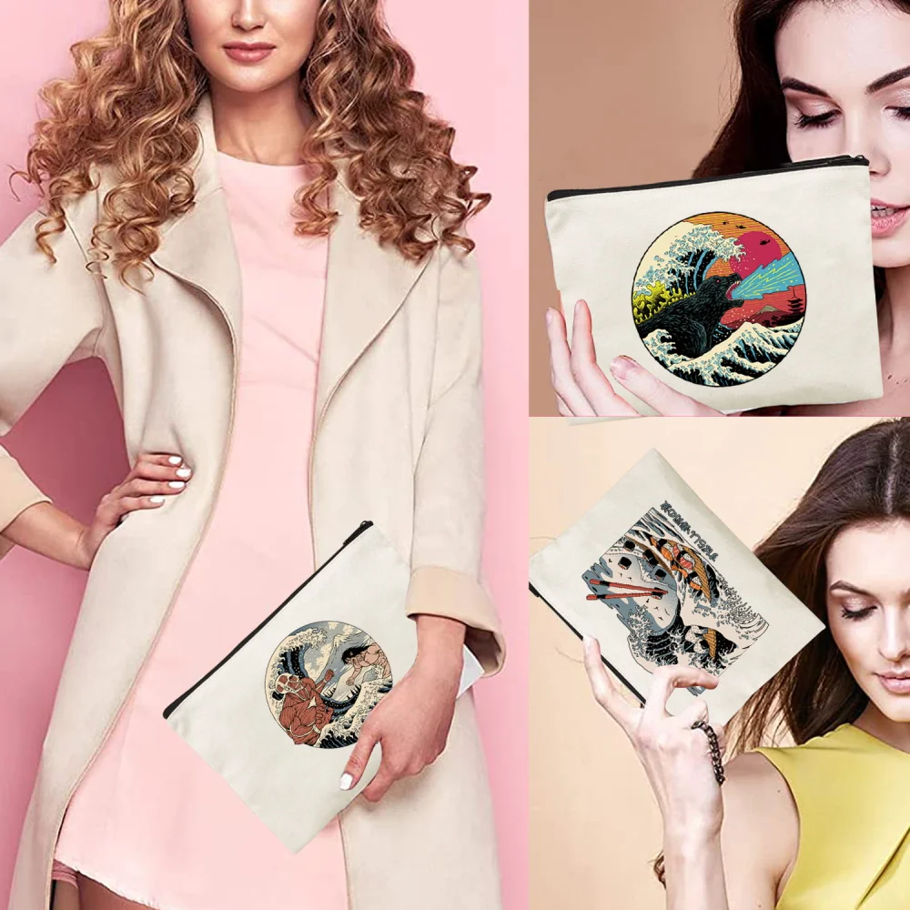 Stylish Beige Canvas Makeup Storage Pouch With Wave Print Zipper Cosmetic Bag for Travel Commute and Beauty Collection