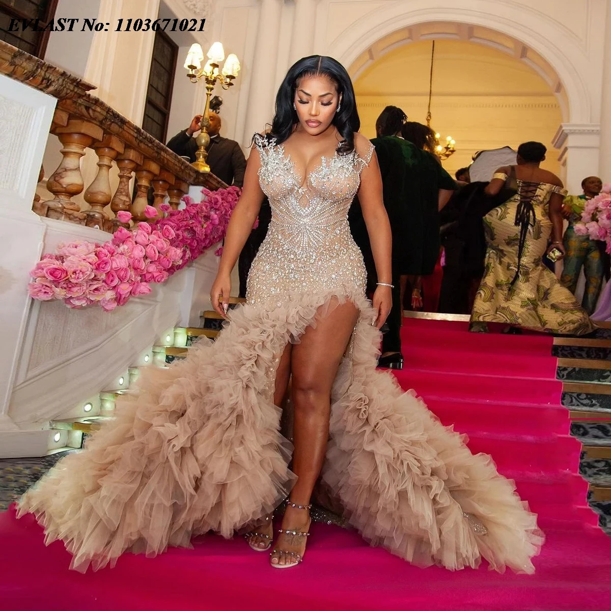 

EVLAST Champagne Beaded Prom Dress African Gala Gowns Tiered Puffy Tulle High Slit Crystals Aso Ebi Wedding Guest Dress P144