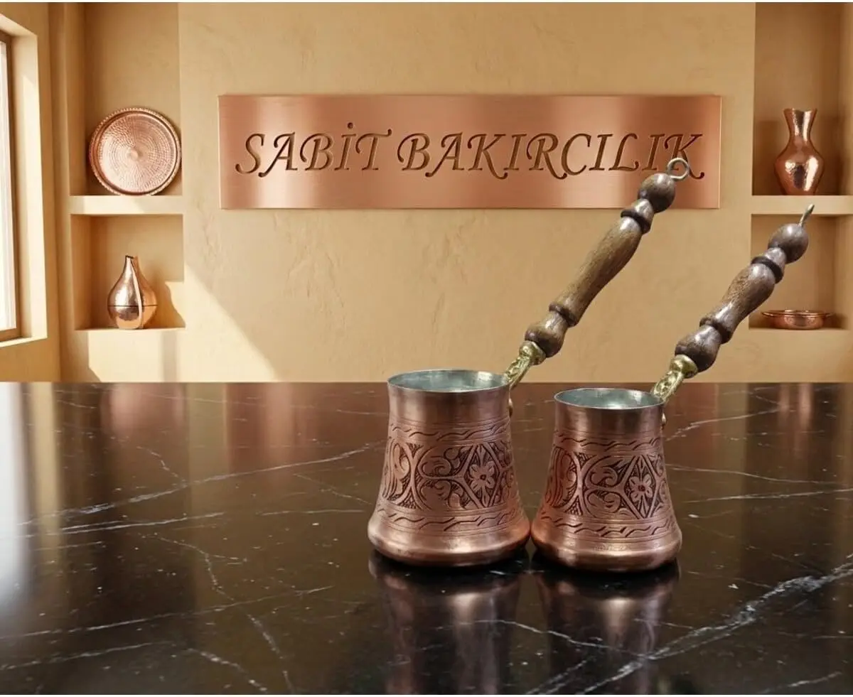 Set of 3 Turkish Coffee Pots (Cezve) with Embossed Design, Red Color, durable Copper, Various Sizes for Different Brews, Decorat