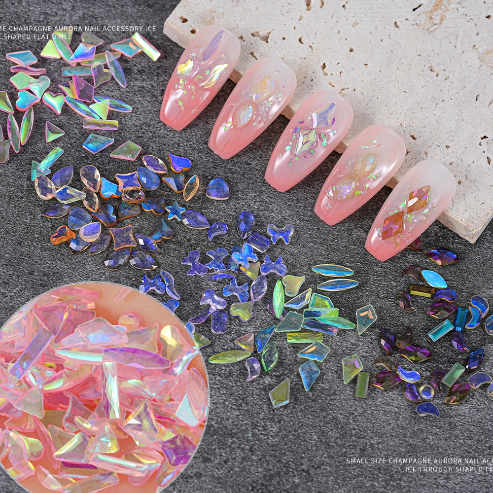 100Pcs Pink Aurora Crystal Nail Charms - 3D Resin Mixed-Shape Flatback Glitter Jewelry Gems Stone Manicure DIY Craft Decorations