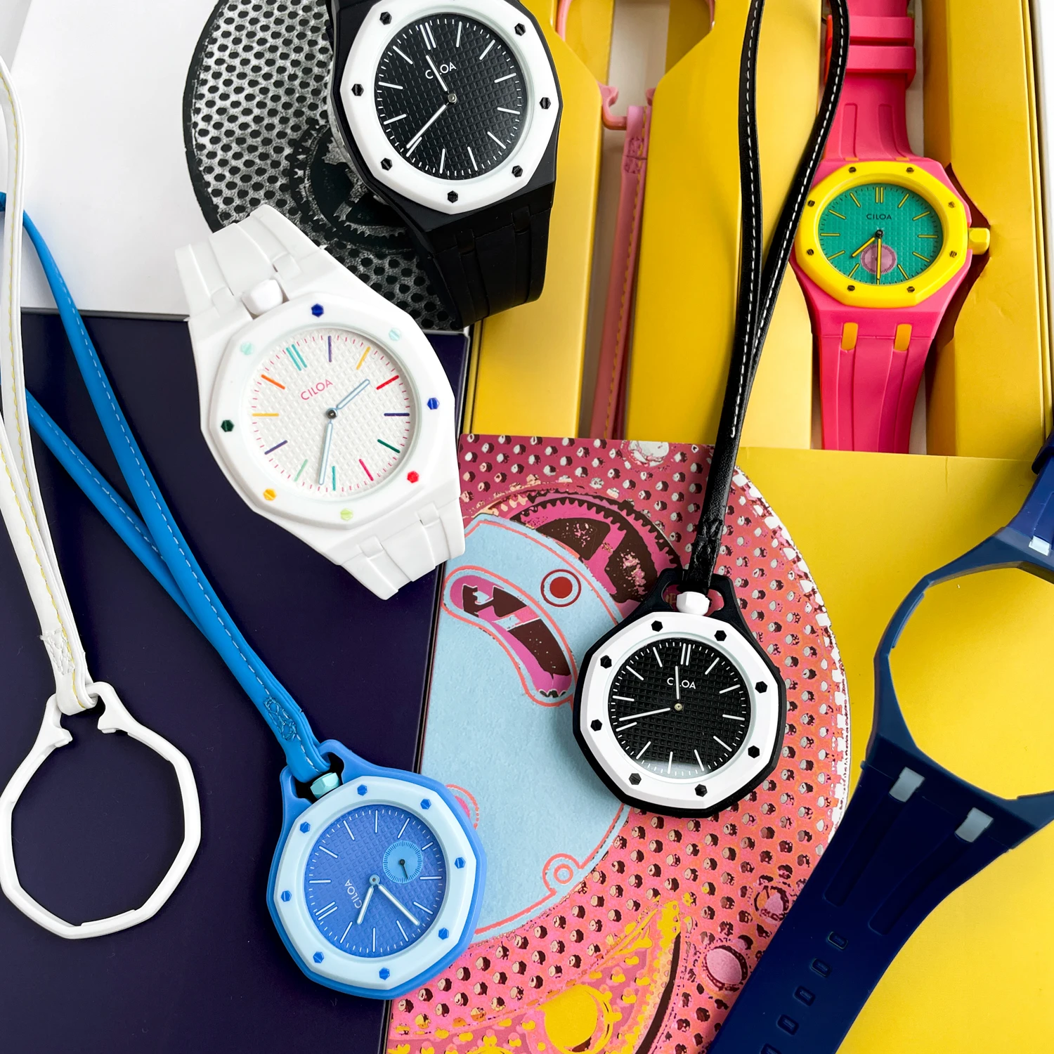 CILOA 2 In 1 Convertible Octagonal Watch Easy Disassembly Detachable Dial Matching Silicone Wrist Strap & Leather Lanyard