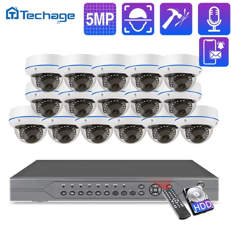 

Комплект системы видеонаблюдения Techage 16CH 5MP PoE H.265 NVR с купольными IP-камерами 2.8мм для помещений, односторонняя аудиосвязь, AI, P2P, видеонаблюдение