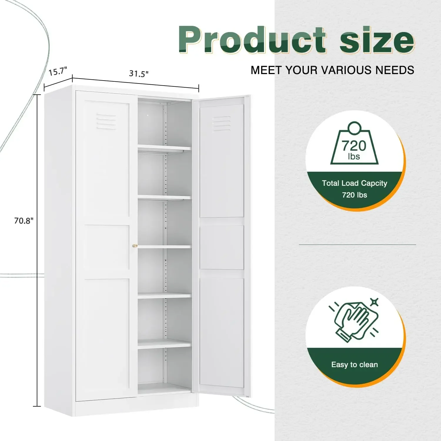 White Storage Cabinet with Adjustable Shelves-Metal Home Kitchen Pantry Cabinets with Doors,Organization Locker for Cupboard/Bed