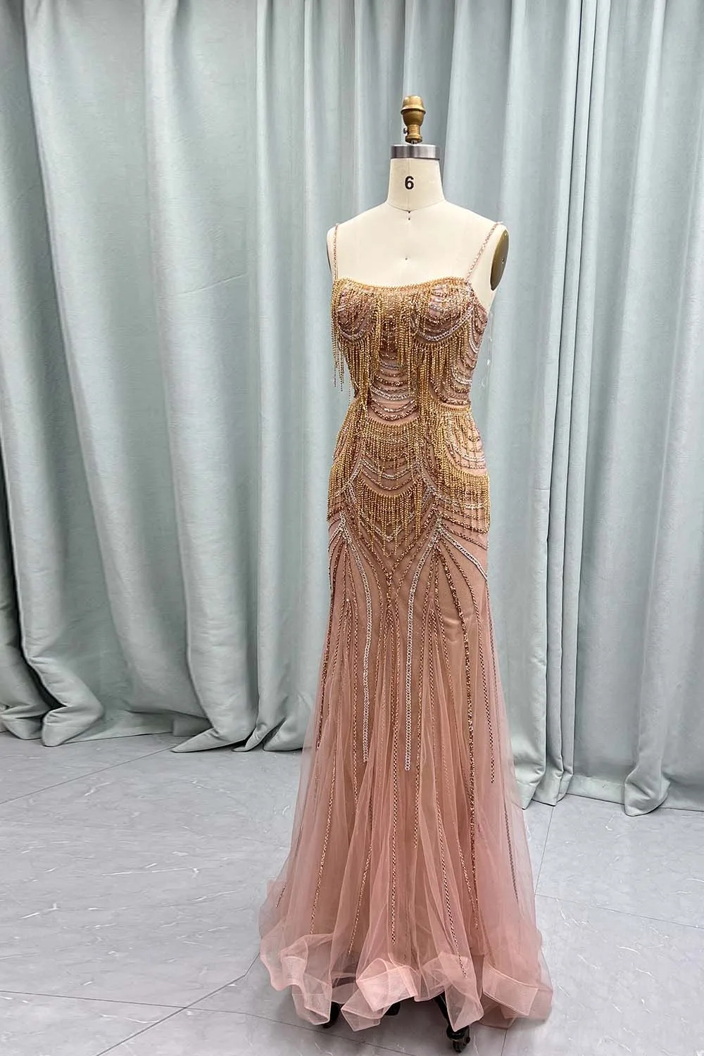 YQLNNE Rose Gold Pendants Evening Dresses Long Mermaid Spaghetti Tulle Crystals Formal Evening Party Gown Lace-up