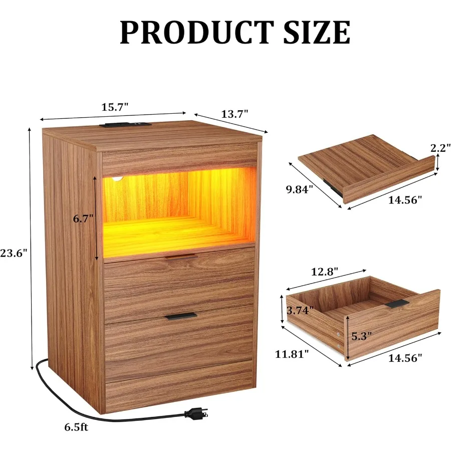 Mesita de noche moderna con iluminación LED y estación de carga integrada, mesa auxiliar con acabado de madera y dos estantes extraíbles