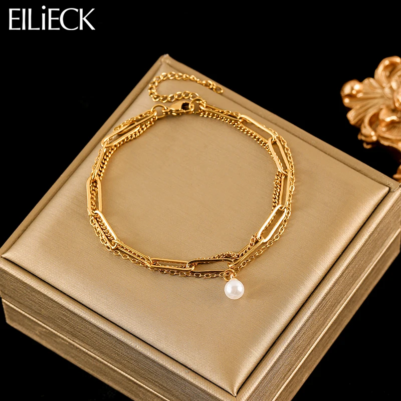 EILIECK New Fashion Pearl Charm Bracelet For Women Trendy Multilayer Wrist Chain Stainless Steel Metal Jewelry Bangles Lady Gift