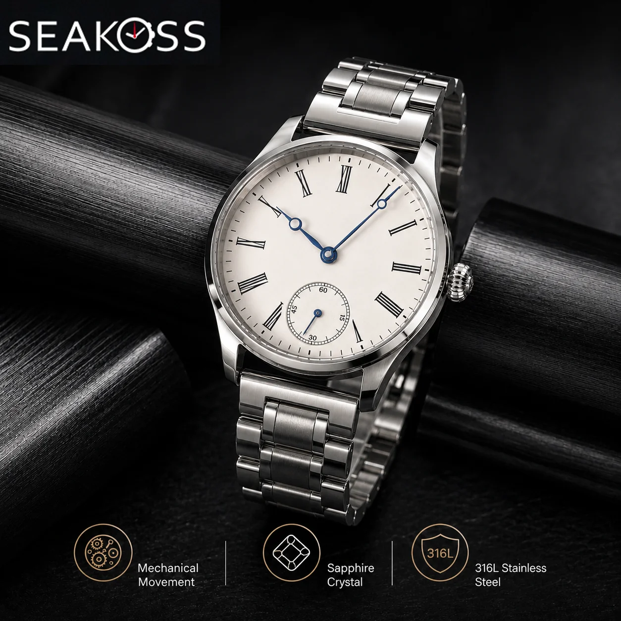 SEAKOSS Men Mechanical Watch 44mm ST3621 Hand Wound Movement Style Pilot Watch Roman Numerals Sandblasted White Stainless Steel