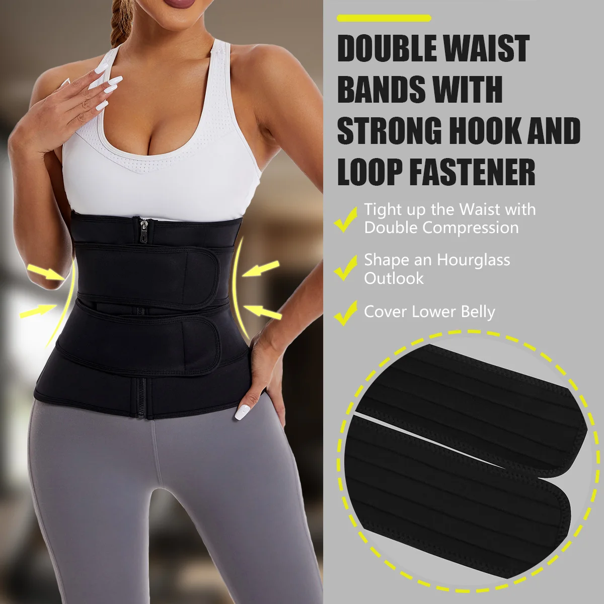 Women Waist Trainer Belt Double Strap Zipper Neoprene Sweat Waist Trimmer Tummy Control Slimming Body Shaper Workout Gym Fitness