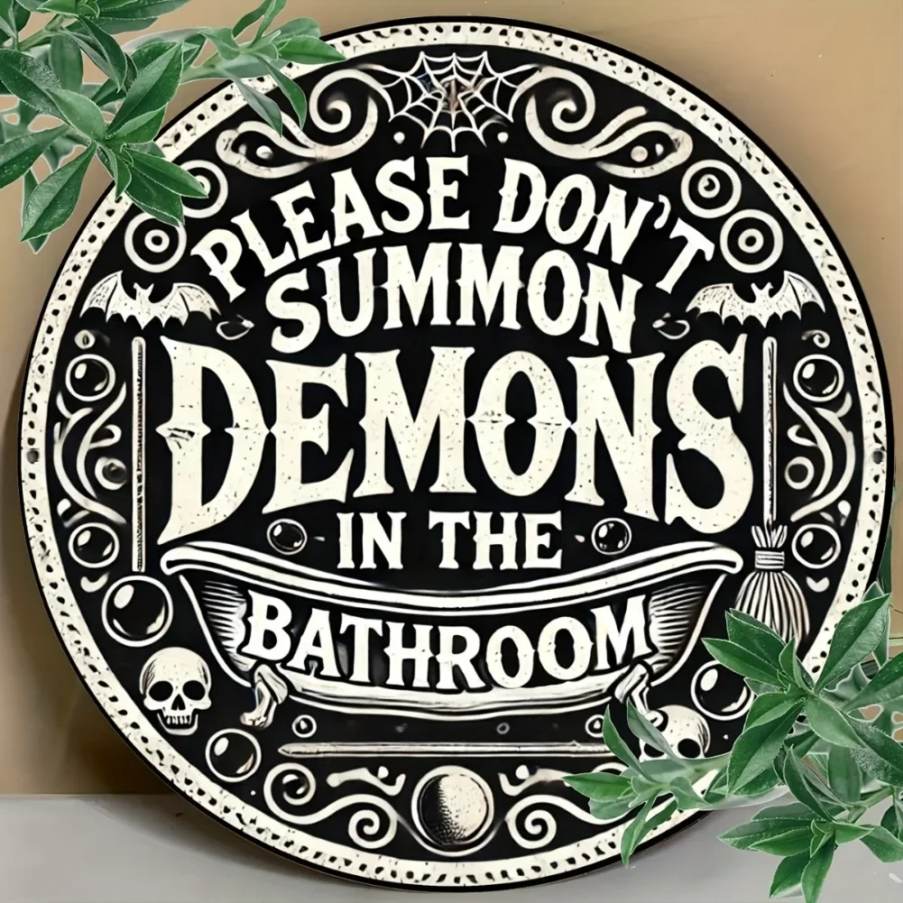 1 قطعة 8x8 "علامة ألومنيوم للهالوين القوطية - "يرجى عدم استدعاء الشياطين في الحمام" ديكور مضحك مع شبكة عنكبوتية