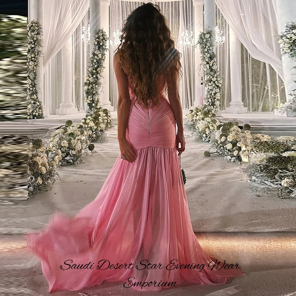 Pink Organza Evening Dress Customized Sexy Sweetheart Sleeveless Celebrity Gowns Classic Mermaid Sweep Train Prom Dresses