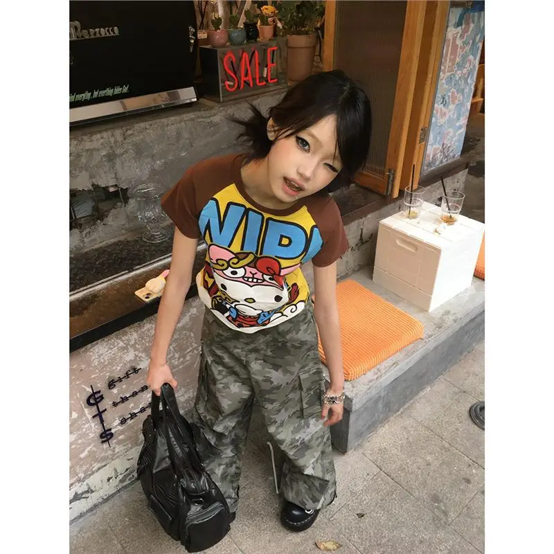サンリオハローキティ新アニメファッションショートトップス Y2k 夏かわいい Tシャツ漫画プリントハイストリートゴシック半袖 Tシャツ