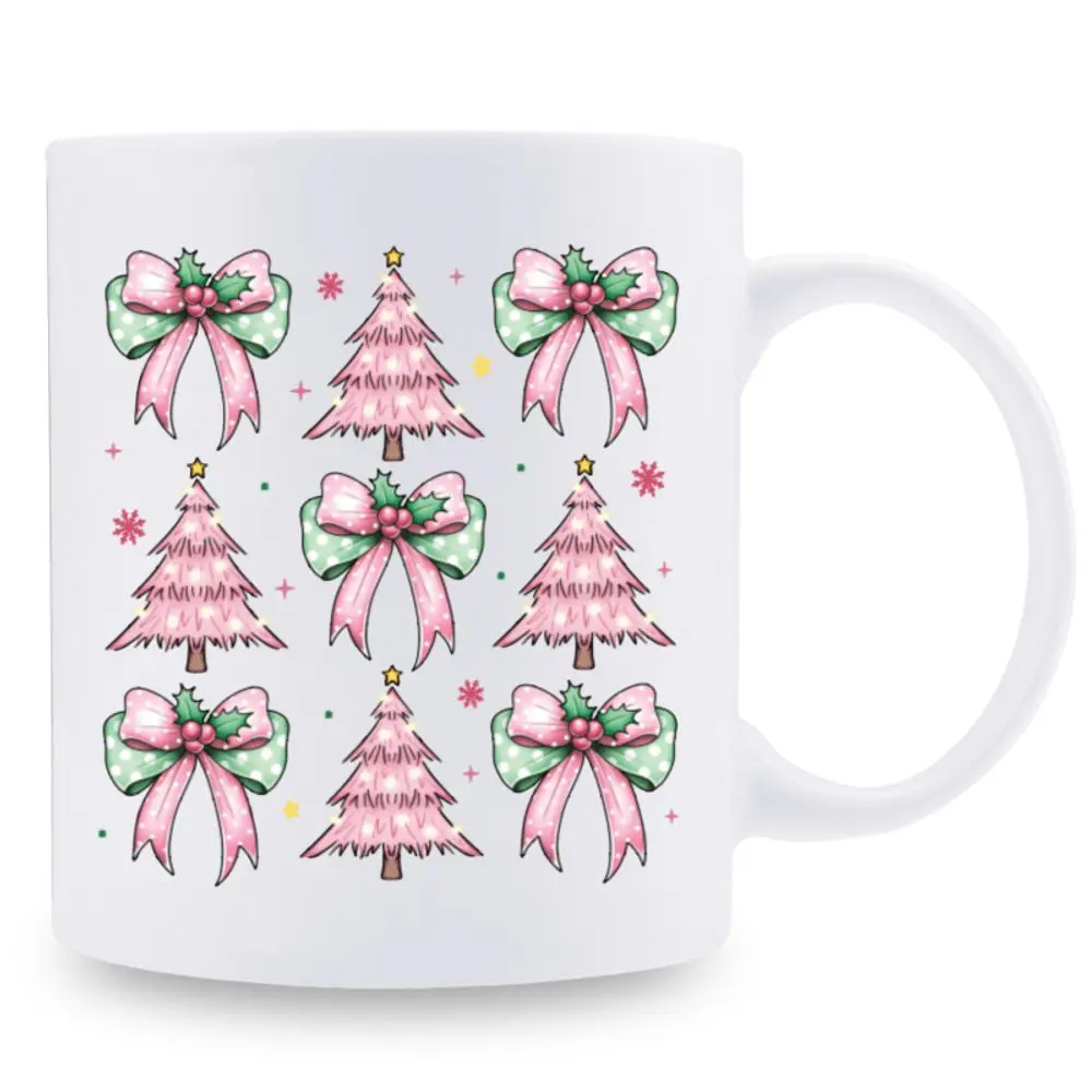 1pc Insulated Ceramic Mug with Rim & Christmas Tree Bow Design - Reusable Pink & Green Coffee Cup Suitable for Home, Office, Holiday Gift, Hand Wash Only, Lip for Hot/ Drinks, for Tea, Cocoa