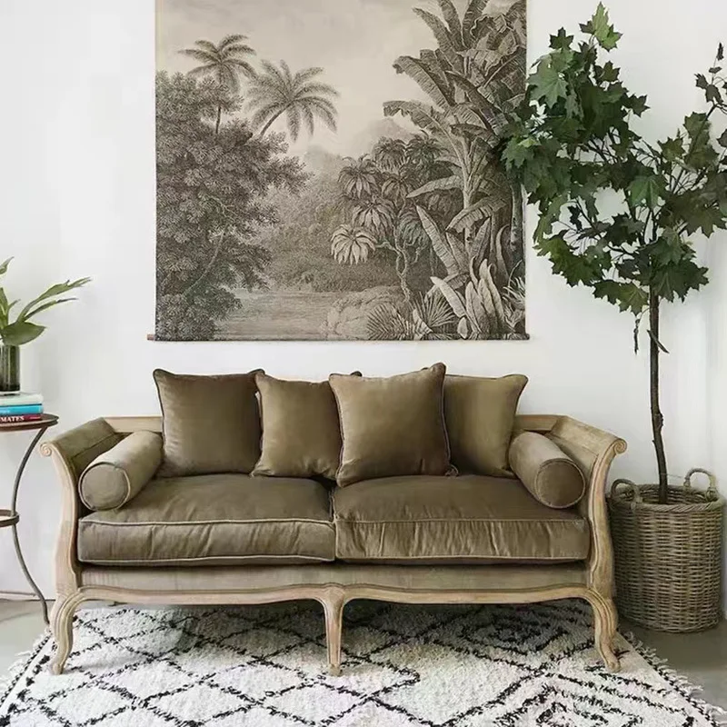 

American simple solid wood sofa light luxury cotton and linen sponge sofa chair European double triple villa fabric sofa bed
