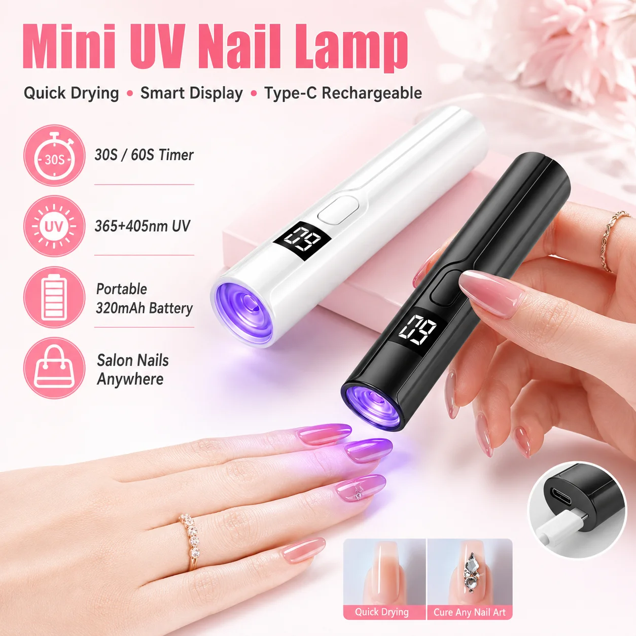 Akumulatorowa mini lampa UV LED do paznokci z inteligentnym wyświetlaczem, przenośna szybkoschnąca suszarka do paznokci z podstawką do manicure, odłączana lampka UV na biurko.