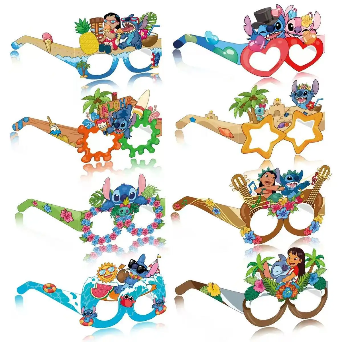Lunettes en papier Stitch Party, 16 pièces, lunettes fantaisie sur le thème de Stitch, accessoires de photomaton tropical hawaïen, anniversaire Lilo & Stitch