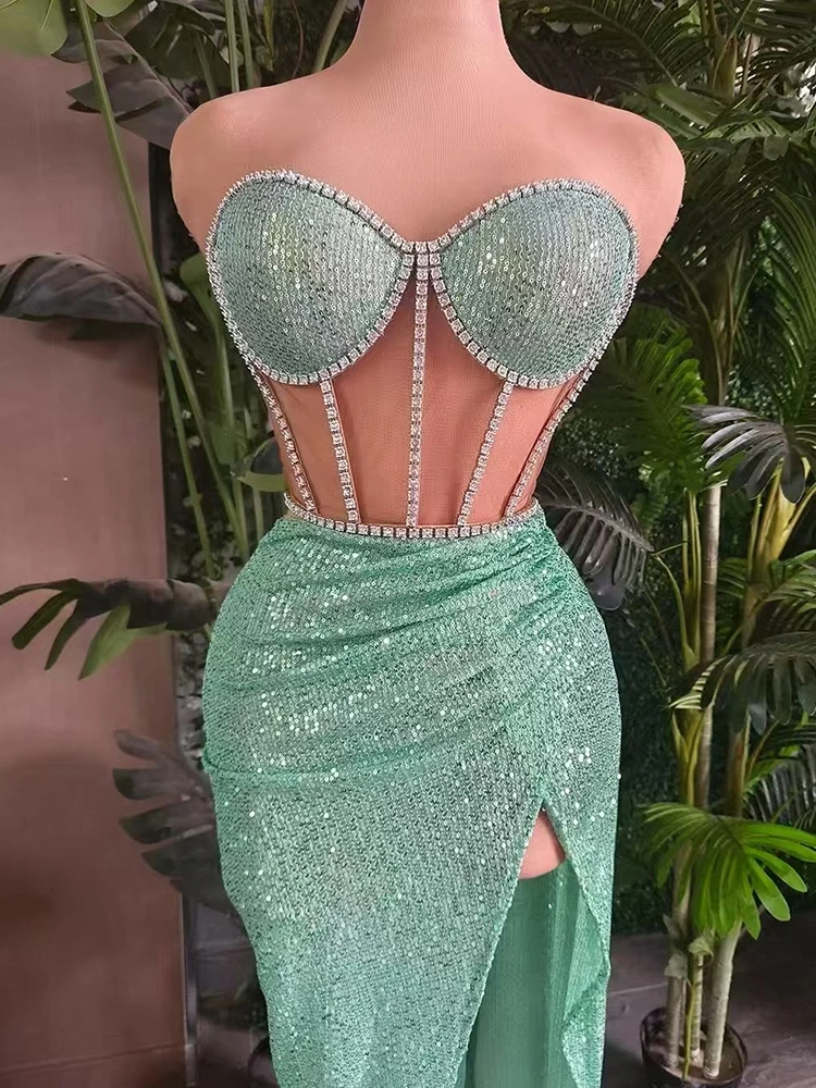 สีเขียว Glitter เซ็กซี่ชุดผู้หญิง STAGE เครื่องแต่งกาย Elegant Ball Gowns ชุดวันเกิด Dancehall RAVE ชุด yj002