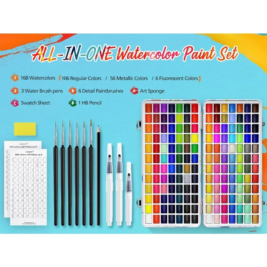 Ensemble de peinture aquarelle 168 couleurs avec 4 pinceaux, Kit de couleurs à l'eau de voyage Portable avec étui de transport, Palette et accessoires NonTo
