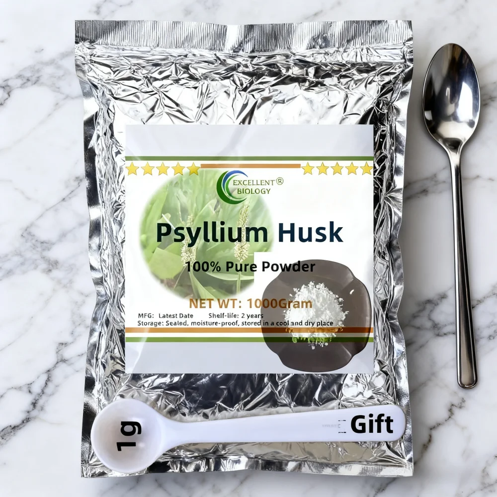 Venta caliente mundial de fábrica, embalaje de bolsa de papel de aluminio sellado personalizado, 100% polvo de cáscara de Psyllium, precio más bajo, entrega rápida